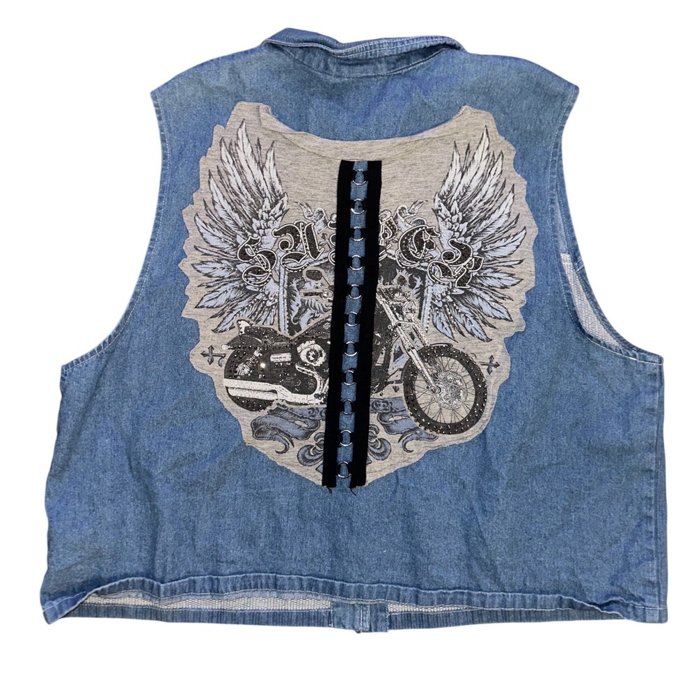 DAK Vintage Denim Biker Vest Blue Sleeveless Graphic Motorcycle Wings USA Made